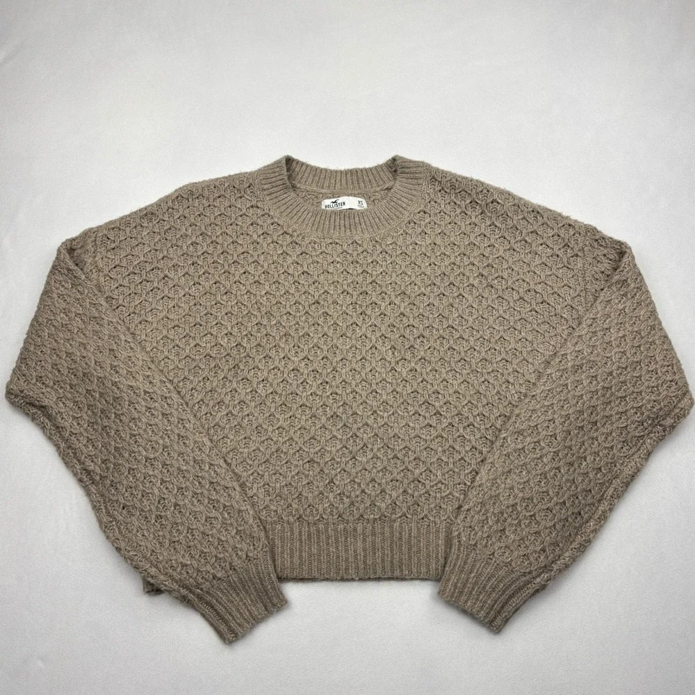 Hollister Womens XS Beige Oatmeal Chunky Open Knit Cropped Crewneck Sweater